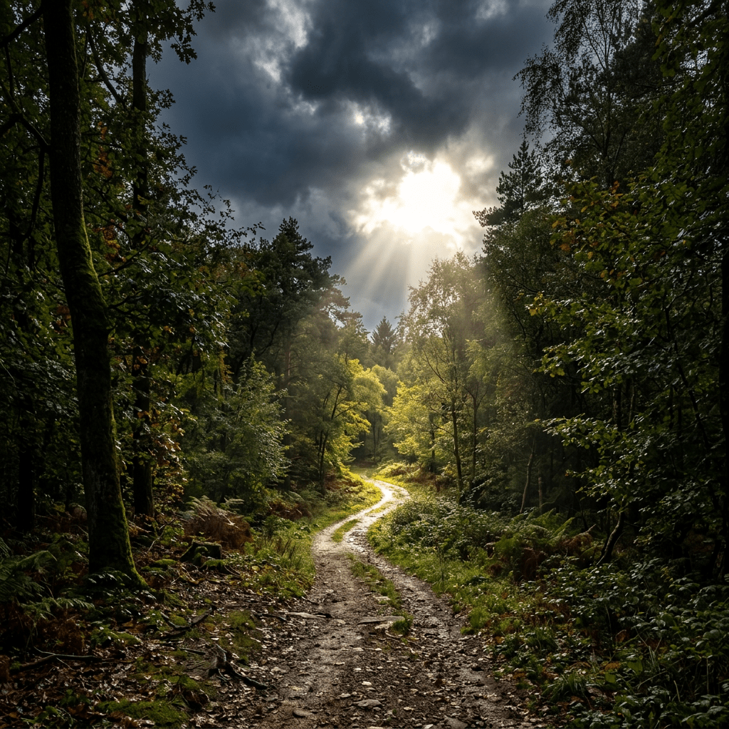 Forest path with sunlight through dark clouds