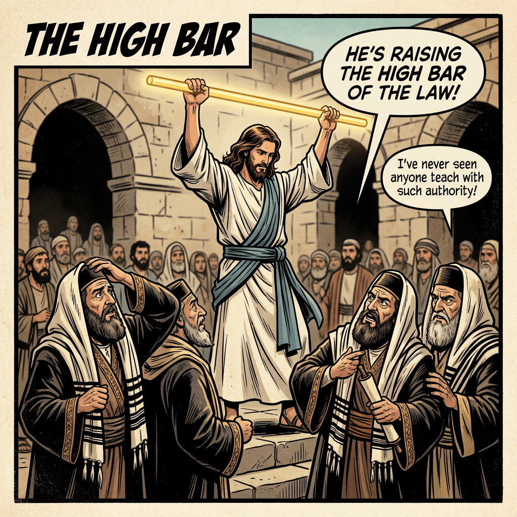 Man holding glowing bar above head with others watching and commenting