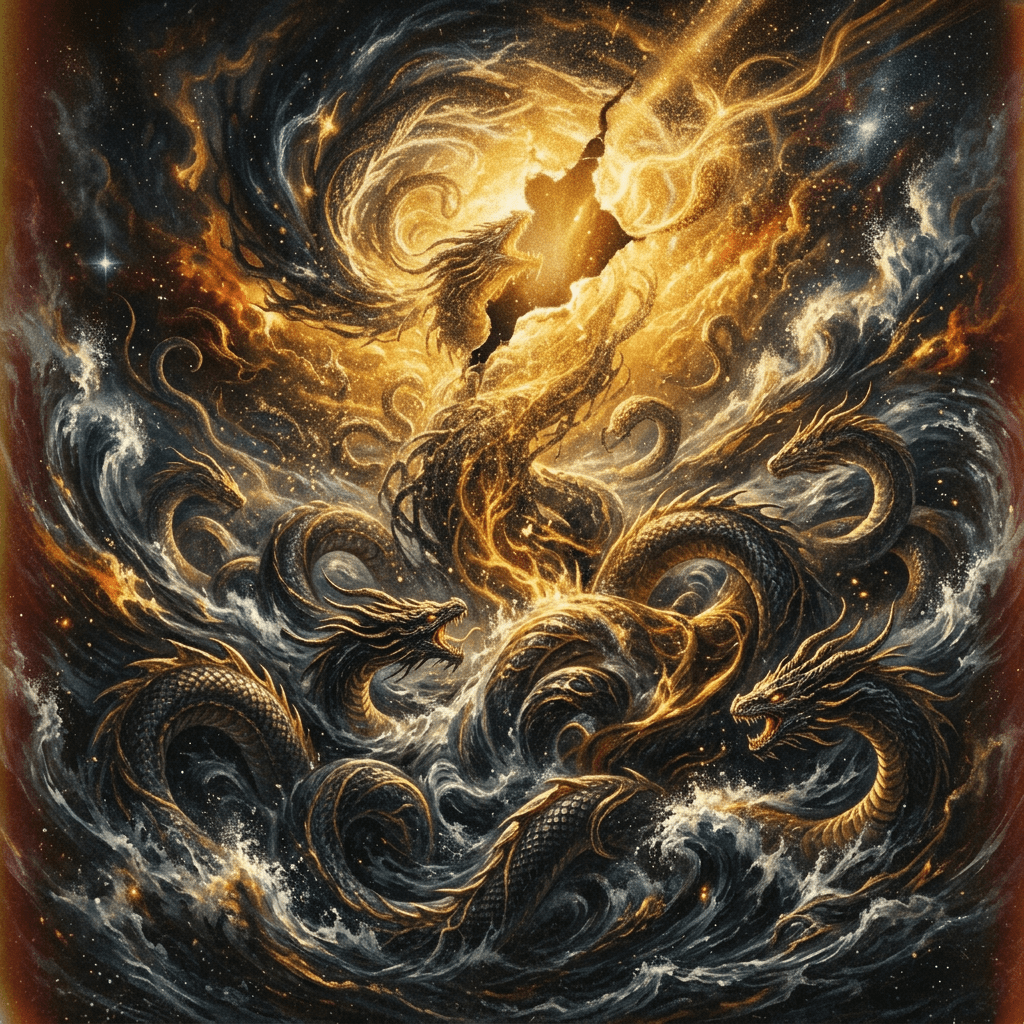 Multiple dragons entwined in cosmic waves with golden radiant beams emitting from the central dragon's mouth